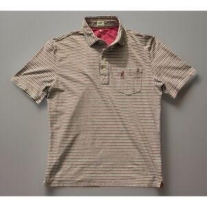 Johnnie-O Hangin Out Short Sleeve Polo Shirt Pink Blue Stripes Logo Medium JBHS
